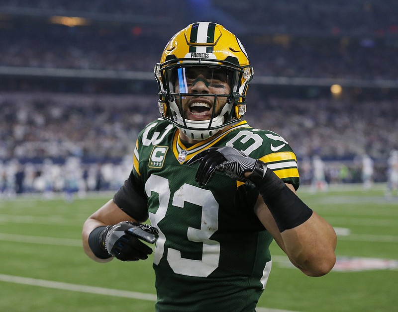 In this Sunday Jan. 15, 2017 file photo, Green Bay Packers' Micah Hyde intercepts a pass during the second half of an NFL divisional playoff football game against the Dallas Cowboys in Arlington, Texas. Emerging playmaker Micah Hyde is listed as a safety but really is more of a slot cornerback.  Versatility is a valuable asset on the Green Bay defense, in part because of injuries, but also as a way for the Packers to keep up with more pass-happy offenses, like the one they'll face on Sunday, Jan. 22, 2017 at Atlanta in the NFC championship game.