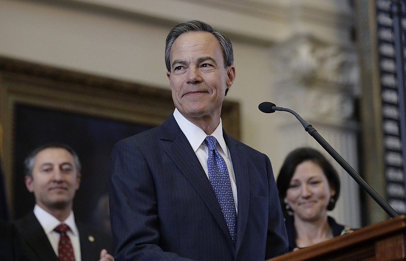 In this Jan. 10, 2017, file photo, Texas Speaker of the House Joe Straus, R-San Antonio, stands before the opening of the 85th Texas Legislative session in the House chambers at the Texas State Capitol after he was re-elected for a fifth consecutive term in Austin, Texas. Straus has branded as bad for business a Texas proposal barring transgender people from using public restrooms of their choice that's been championed by his state's leading conservatives despite echoing a law that caused upheaval in North Carolina. 