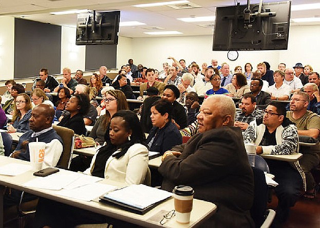 Lincoln University faculty gather for a Faculty Senate meeting on campus in September 2016.