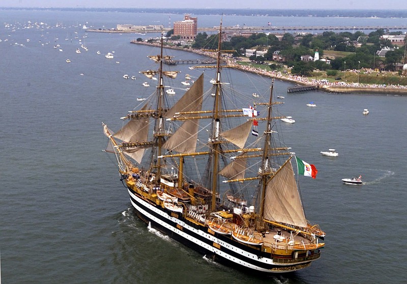 In this June 16, 2000, file photo, the Italian tall ship Amerigo Vespucci sails past Fort Monroe at the entrance to Hampton Roads during OpSail 2000 in Norfolk, Va. The venerable three-masted frigate is a handsome piece of work and just one of dozens of majestic ships that will be sailing North Atlantic waters this summer, visiting ports along the St. Lawrence River for weeks and gathering en masse in Quebec City July 18-23. 