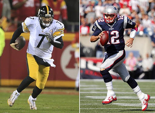 At left, in a Jan. 15, 2017, file photo, Pittsburgh Steelers quarterback Ben Roethlisberger (7) scrambles against the Kansas City Chiefs during the first half of an NFL divisional playoff football in Kansas City, Mo. At right, in an Oct. 16, 2016, file photo, New England Patriots quarterback Tom Brady runs during an NFL football game against the Cincinnati Bengals at Gillette Stadium in Foxborough, Mass. The Steelers play the Patriots in the AFC championship game on Sunday in Foxborough, Mass.