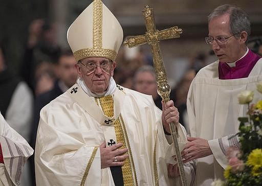 Pope Francis celebrates a Mass at the end of the Jubilee (Holy Year) of the Dominicans, inside the Basilica of St. John Lateran, in Rome, Saturday, Jan. 21, 2017. (Giorgio Onorati/ANSA via AP)