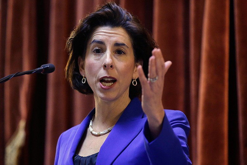 In this Tuesday, Jan. 17, 2017, file photo, Rhode Island Democratic Gov. Gina Raimondo delivers her State of the State address to lawmakers and guests in the House Chamber at the Statehouse, in Providence, R.I. Raimondo proposed giving in-state residents two years of free tuition at the state's public colleges. 