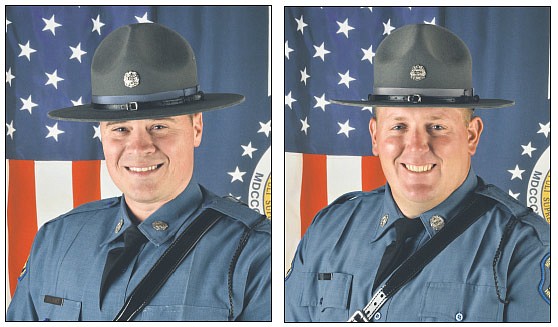 Missouri State Highway Patrol trooper Shane Talburt is pictured at left. Trooper Logan Monahan is at right.