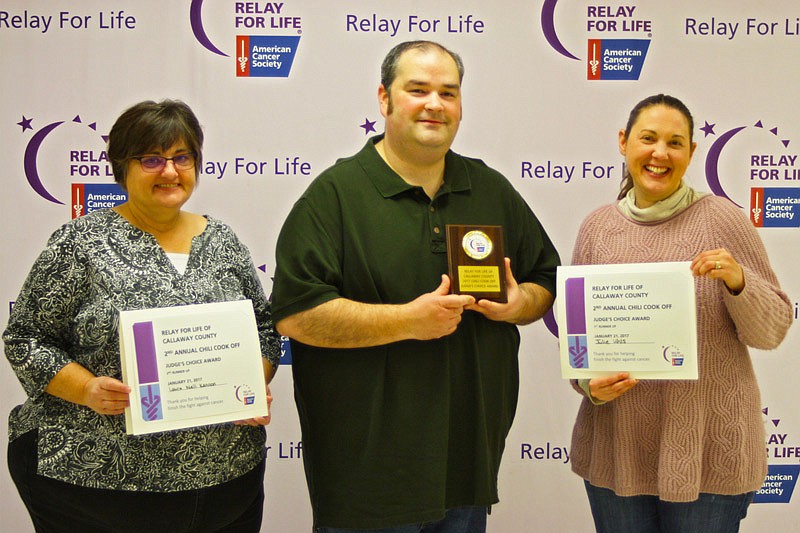Relay For Life Chili Cook-off Judge's Choice winners pose with their awards on Saturday, Jan. 21, 2017. Laura Nell Kennon, right, finished third, David Shawley finished first and Julie Uhls finished second. This is the second year Shawley has finished in first place with his chili.