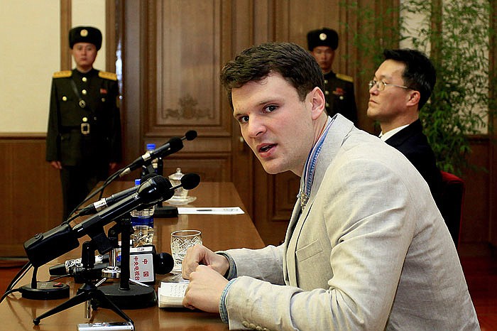 American student Otto Warmbier speaks last year as he is presented to reporters in Pyongyang, North Korea.