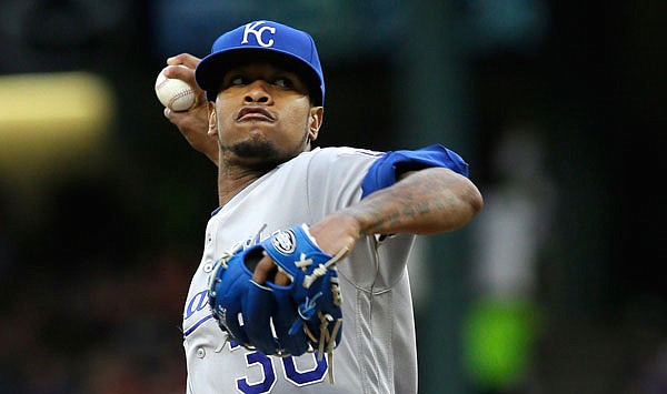 In this July 28, 2016, file photo, Royals starting pitcher Yordano Ventura throws during the first inning of a game against the Rangers in Arlington, Texas. Authorities in the Dominican Republic said Sunday that Ventura and former major leaguer Andy Marte both died in separate traffic accidents.
