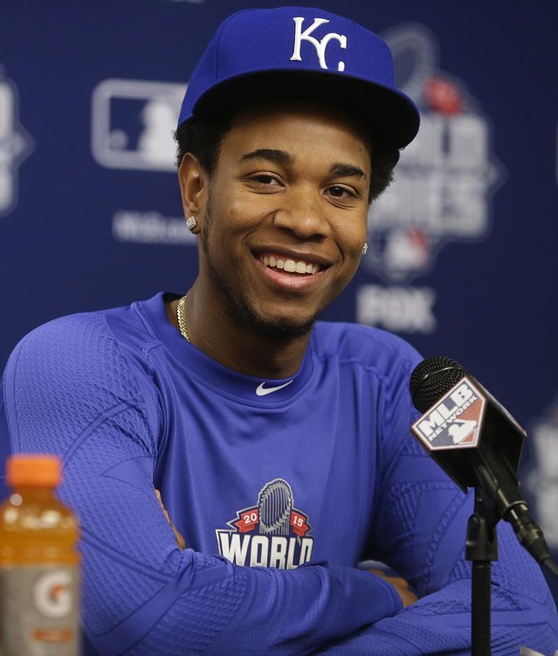 In this Thursday, Oct. 29, 2015, file photo, Kansas City Royals starting pitcher Yordano Ventura reacts to a question during a news conference before Game 3 of the Major League Baseball World Series against the New York Mets in New York. Ventura and former major leaguer Andy Marte died in separate traffic accidents early Sunday, Jan. 22, 2017, in their native Dominican Republic.