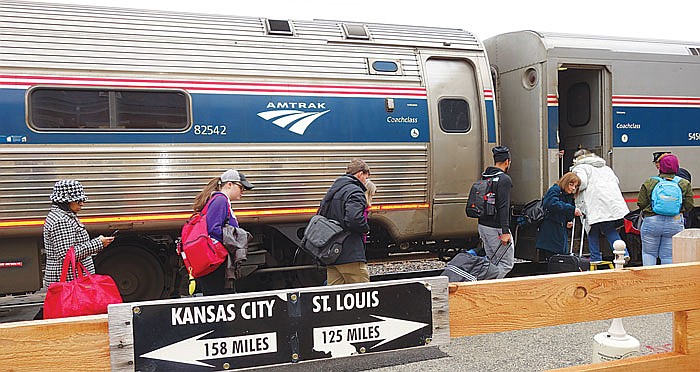 Passengers board the eastbound Amtrak train at the Jefferson City station Sunday morning, Jan. 29, 2017.