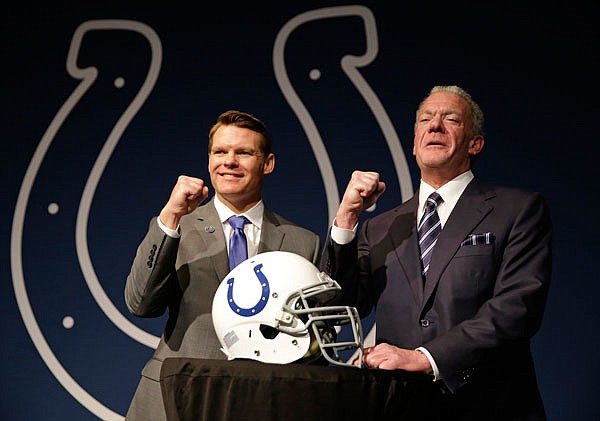 Colts owner Jim Irsay (right) and new general manager Chris Ballard pose following a news conference Monday at the team's practice facility in Indianapolis.