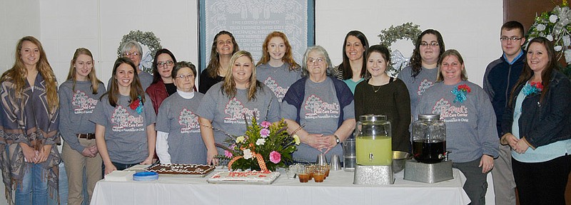 Past and present staff members pictured at St. Paul's Child Care Center are: Madison Cooper, Natalie Potter, Marie Wickham, Peggy Scott, Amber Offerman, Betty Wilkinson, Charla Friedmeyer, Monica Dietzel, Lydia Kincaid, Doris Fischer, Rebekah (Weicken) Gerlt, Emily Kinchens, Adrienne Reifsteck, Sara Turner, Charlie Turner and Robyn Kleiboeker.