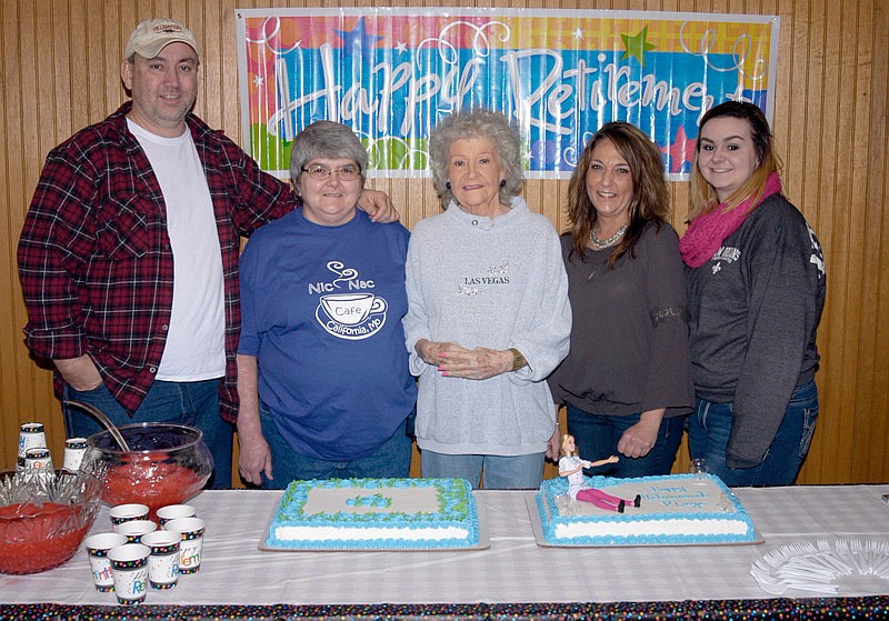 Pictured with the special retirement cakes are: (from left) grandson Carl Watts, Nic Nac owner Jackie Heather, Williams-O'Neal, granddaughter Tiffany Roll and great-granddaughter Allie Gerhardt. 