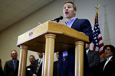 Missouri Gov. Eric Greitens delivers an outline of the his state budget for fiscal year 2018 during an address at Nixa's Early Childhood Center in Nixa, Mo., Thursday, Feb. 2, 2017. 