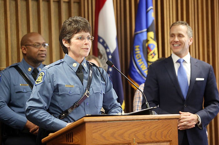 FEBRUARY 2017: Sandra Karsten addresses a news conference after being named superintendent of the Missouri Highway Patrol. 