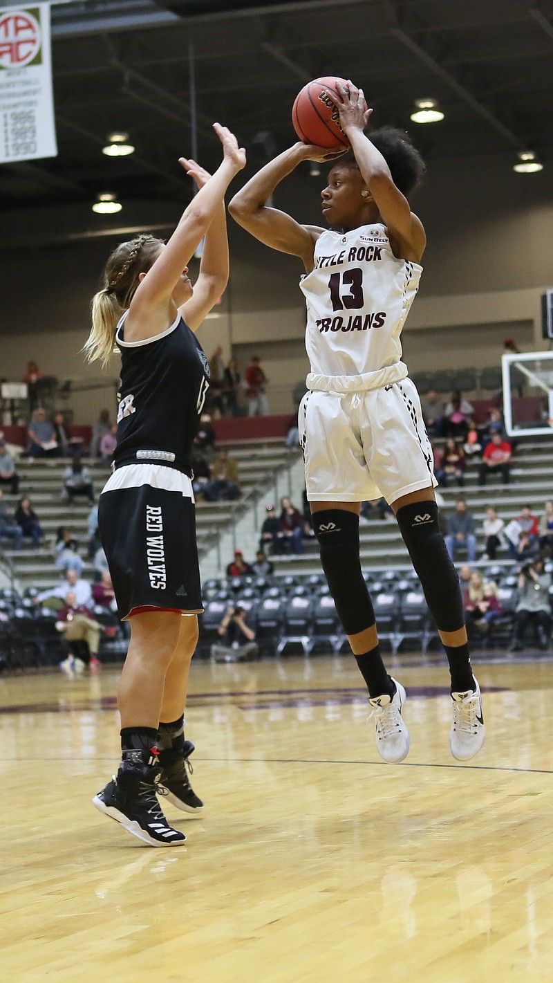 Texarkana's Sharde' Collins takes a shot against Arkansas State in a recent game. Collins was named the Sun Belt Player of the Week for back-to-back weeks Monday. 