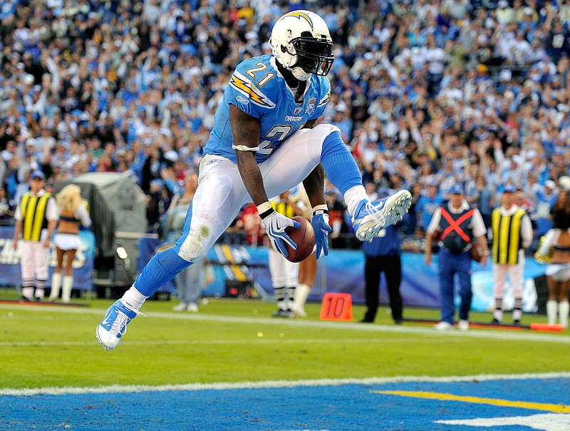 In this Nov. 29, 2009, file photo, San Diego Chargers running back LaDainian Tomlinson celebrates his second touchdown during the third quarter of an NFL football game against the Kansas City Chiefs, in San Diego, Calif. Tomlinson is a candidate for the Pro Football Hall of Fame. 