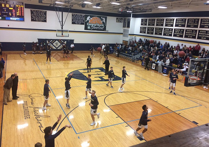 Helias and Hogan Prep warm up in advance of their Central Bank Shootout game in Rackers Fieldhouse on Saturday, Feb. 4, 2017.