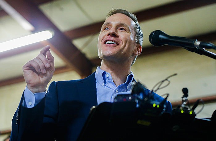 In this Feb. 6, 2017 photo, Gov. Eric Greitens speaks before signing Missouri's new right-to-work law.