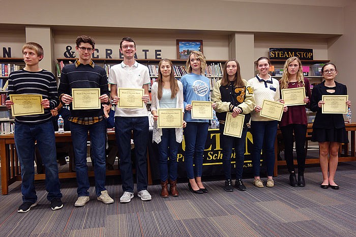 These members of Fulton 58's Men's and Women's Cross Country Teams earned Academic All-State honors, which were presented during Wednesday's school board meeting. Left to right: Brock Fisher, Tanner Steffen, Haydon Windsor, Mollie Huff, Mary Schnobelen, Adrea Shadbolt, Anne Bonderer, Katie Lowry and Caitlin Seivert.