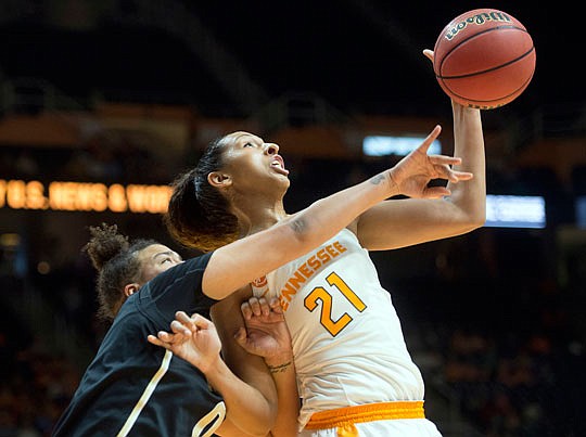 Mercedes Russell of Tennessee grabs a rebound during a game against Vanderbilt last month in Knoxville, Tenn.