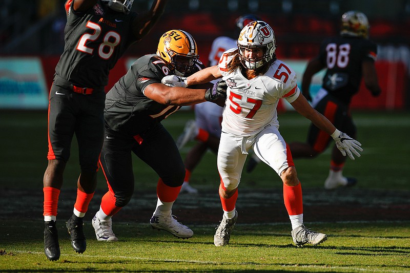 American Team linebacker Lucas Wacha, a Pleasant Grove graduate, fights his way toward a receiver during the NFLPA Collegiate Bowl on Jan. 21 at StubHub Center in Carson, Calif. 