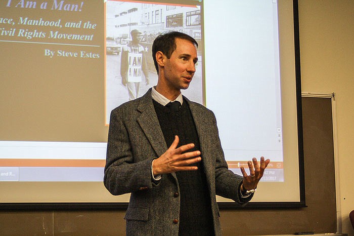 Dr. Steve Estes answers questions from the crowd during his Keynote speech. Estes is a Historian from Sonoma State University in California who studies race, masculinity and the civil rights movement.