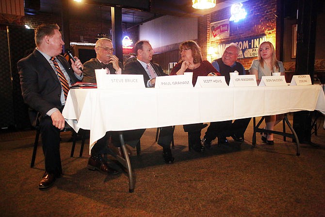 Jefferson City School Board candidates debate in a forum hosted by the Cole County Democrats on Thursday in Bones Restaurant and Lounge.