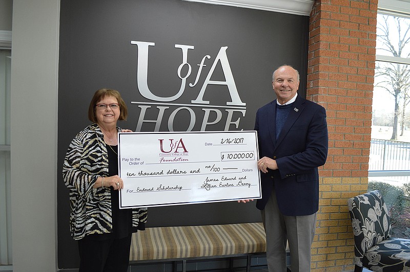 Linda and Dennis Ramsey present a check for $10,000 to the University of Arkansas at Hope-Texarkana Foundation for the establishment of the James Edward and Lillian Earline Berry Endowed Scholarship.
