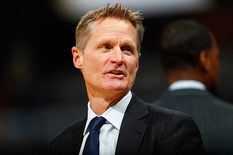 Golden State Warriors head coach Steve Kerr in the first half of an NBA basketball game Monday, Feb. 13, 2017, in Denver.