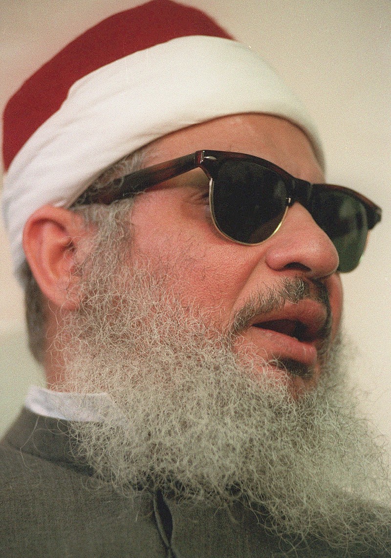 This April 6, 1993 file photo shows Sheik Omar Abdel-Rahman in New York.   Kenneth McKoy of the Federal Correction Complex in Butner, N.C., said Abdel-Rahman died Saturday, Feb. 18, 2017, after a long battle with diabetes and coronary artery disease. Abdel-Rahman was sentenced to life in prison after his 1995 conviction for his advisory role in a plot to blow up landmarks, including the United Nations, and several bridges and tunnels. 