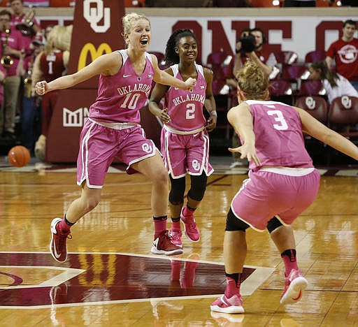 Oklahoma's Peyton Little (10) and Derica Wyatt (3) celebrate as time expires in their 74-73 win over No. 8 Texas in an NCAA college basketball at The Lloyd Noble Center, Saturday, Feb. 18, 2017 in Norman, Okla. (Steve Sisney/The Oklahoman via AP)