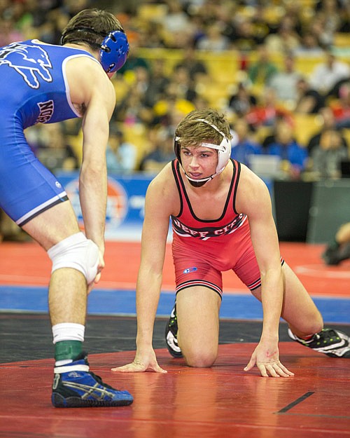 Peter Kuster of Jefferson CIty wrestles Tyler Stegall of Northwest: Cedar Hill in the Class 4 138-pound championship match at the state wrestling championships Saturday, Feb. 18, 2017 at Mizzou Arena in Columbia.