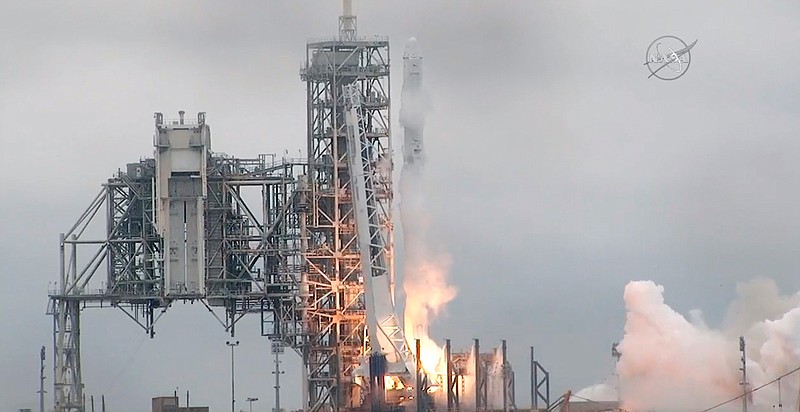 In this image from NASA TV, the SpaceX Falcon rocket launches from the Kennedy Space Center in Florida on Sunday, Feb. 19, 2017. It's carrying a load of supplies for the International Space Station. 