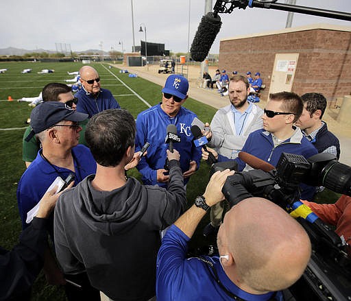 Kansas City Royals manager Ned Yost talks to the media during baseball spring training Tuesday, Feb. 14, 2017, in Surprise, Ariz. 