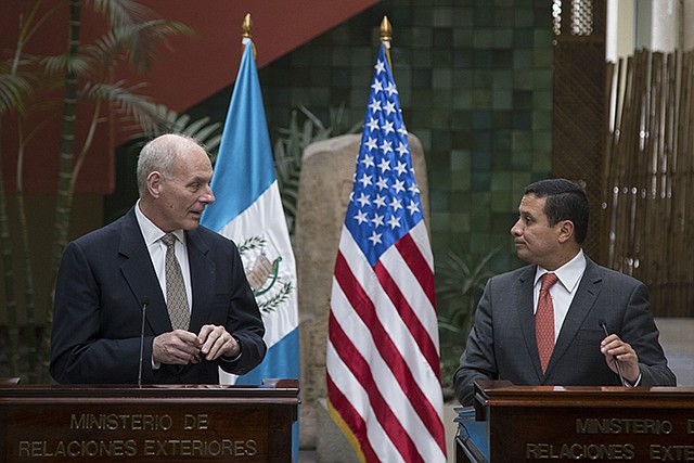 U.S. Secretary of Homeland Security John F. Kelly, left, and Guatemala's Foreign Minister Carlos Morales give a joint press conference Wednesday at the Foreign Affairs Ministry in Guatemala City. Kelly is in Guatemala for a two-day official visit.