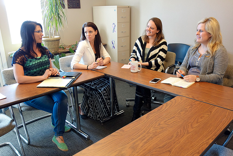 On duty Wednesday at CARDV — The Coalition Against Rape and Domestic Violence — were three victim advocates, Stormy Allen (left), LeAnn Chapman and Liz Cato, and executive director Tyler Rieke, who started her position Jan. 4.