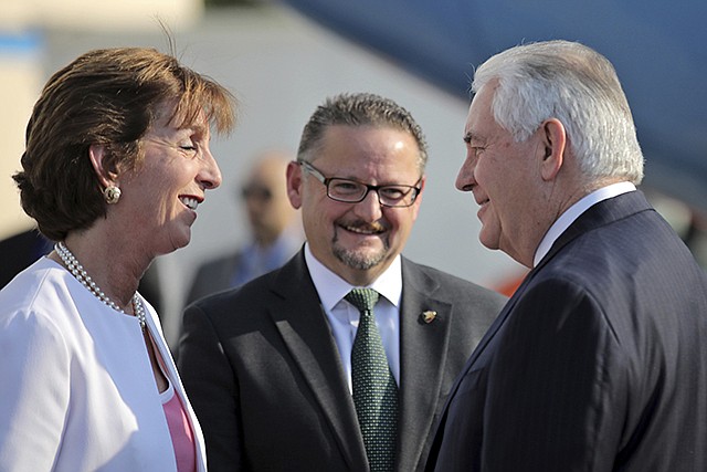 U.S. Secretary of State Rex Tillerson is welcome by U.S. ambassador Roberta Jacobson, left, and Mauricio Ibarra, center, director of North American affairs at the Mexican foreign affairs ministry, Wednesday as he arrives at Benito Juarez international Airport in Mexico City.