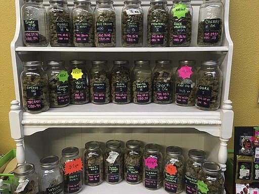 In this Sept. 27, 2016, file photo, different strains of marijuana are displayed in West Salem Cannabis, a marijuana shop in Salem, Ore. 