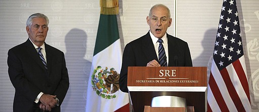 Homeland Security Secretary John Kelly, right, accompanied by Secretary of State Rex Tillerson, speaks at the Mexican Ministry of Foreign Affairs in Mexico City, Mexico, Thursday, Feb. 23, 2017.