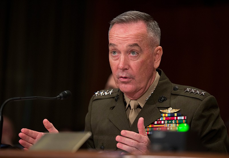 In this April 27, 2016 file photo, Joint Chiefs Chairman Gen. Joseph Dunford Jr. testifies on Capitol Hill in Washington. Dunford said Thursday, Feb. 23, 2017, a Pentagon-led review of strategy for defeating the Islamic State group will present President Donald Trump with options not just to speed up the fight against IS but also to combat al-Qaida and other extremist groups beyond Iraq and Syria.