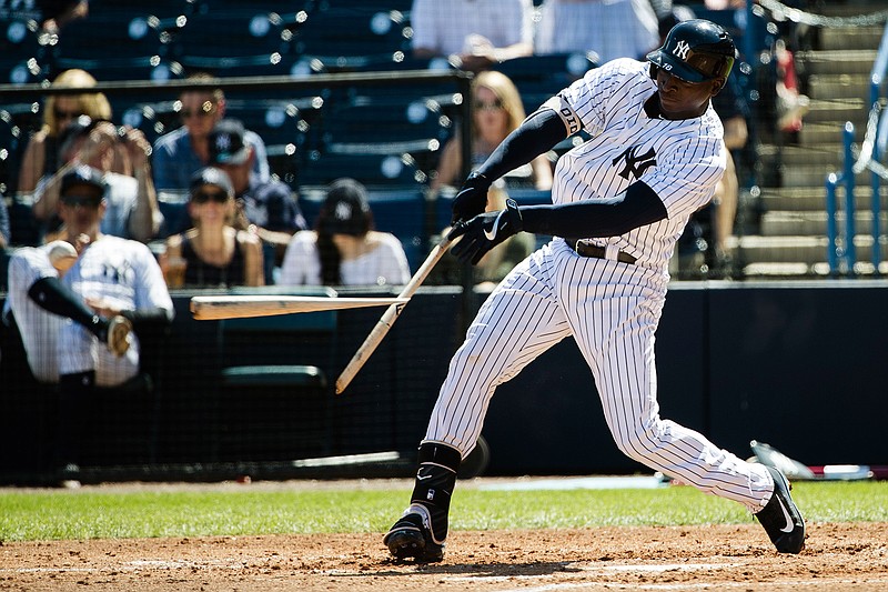New York Yankees' Didi Gregorius shatters his bat during a spring training baseball game against the Philadelphia Phillies Friday, Feb. 24, 2017, in Tampa, Fla. 