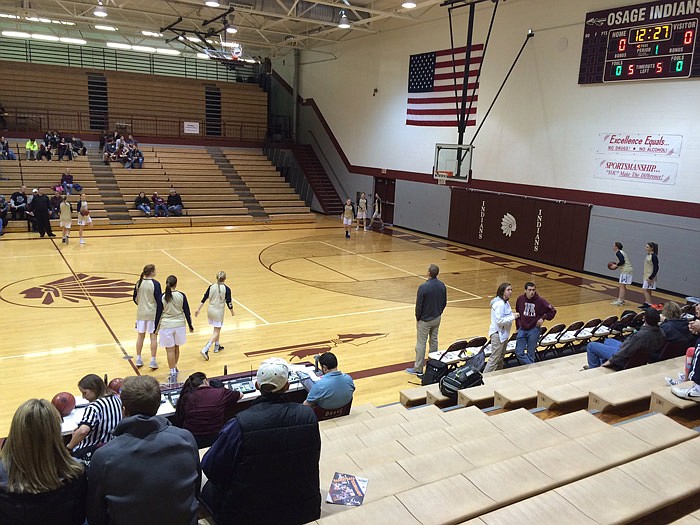 Helias Lady Crusaders warm up in advance of their 51-39 basketball win against the Rolla Lady Bulldogs Saturday, Feb. 25, 2017 at the Class 4 District Tournament at School of the Osage.

