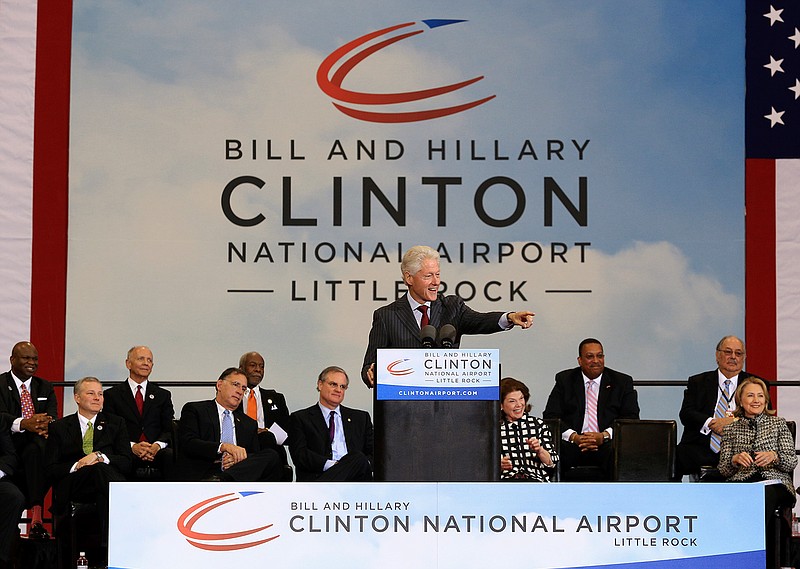 In this May 3, 2013, file photo, former President Bill Clinton speaks at ceremonies in Little Rock, Ark., to dedicate the Bill and Hillary Clinton National Airport. With his party now holding all of the levers of power in Arkansas politics, Sen. Jason Rapert, a Republican state lawmaker, is pushing to remove the names of the state's most famous Democrats _ Bill and Hillary Clinton _ from Little Rock's airport. 