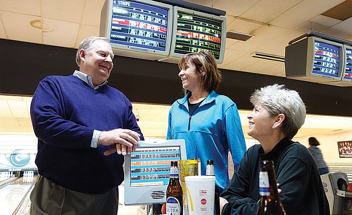 From left, Jim Goldammer chats with Debbie Strope and Linda Heckman at what was billed as the final fundraiser for the Jim Goldammer Scholarship on Sunday at Capital Bowl. Jefferson City Public Schools staff members started a bowling league in 1989, and have been raising money for the scholarship since 1993. Each year, they have given a $1,000 scholarship to a Jefferson City High School senior, based on need and achievement. They named the scholarship after Goldammer, the former owner of the bowling alley. Among other things, Goldammer let students bowl for free as part of their physical education classes.