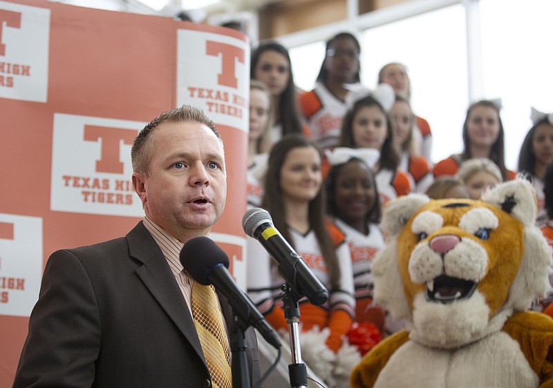 Gerry Stanford addresses the crowd Monday morning after being announced as the new Texas High School athletic director and head football coach. Stanford comes to THS from Flower Mound Marcus, where he had been athletic director and head football coach.   