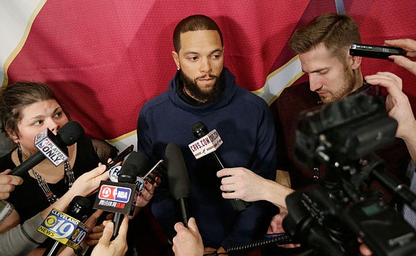 Deron Williams of the Cavaliers talks with the media before Monday's game between the Bucks and the Cavaliers in Cleveland.