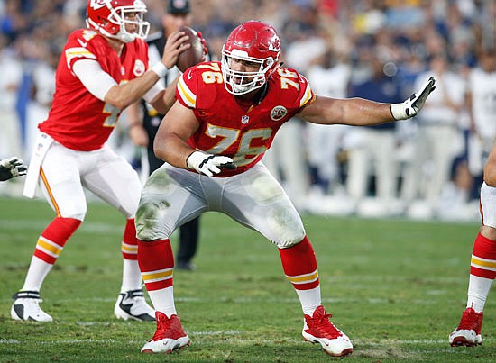 Chiefs guard Laurent Duvernay-Tardif prepares for a block during a preseason game against the Rams last year in Los Angeles.