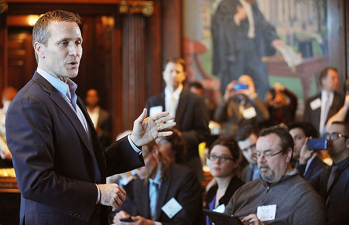 Gov. Eric Greitens addresses members of the media during a Thursday news conference in his Missouri Capitol office. It was Associated Press Day at the Capitol and members of the Missouri Press Association attended the afternoon event to ask questions of the first-term governor.