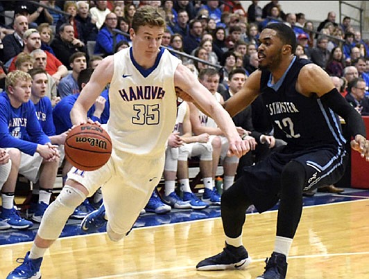Westminster junior forward Romo Tabb tries to cut off Hanover's Wes McKinney during the Blue Jays' 72-64 loss to the No. 12 Panthers in the first round of the NCAA Division III national tournament Friday night, March 3, 2017 in Hanover, Ind.