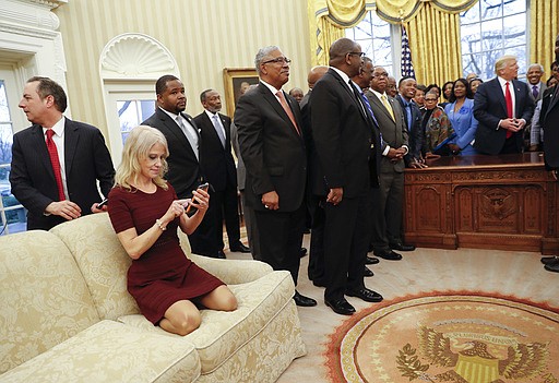 President Donald Trump meets with leaders of Historically Black Colleges and Universities (HBCU) in the Oval Office of the White House on Feb. 27, 2017. Lincoln University President Kevin Rome is pictured to the left of the desk, wearing a blue shirt under the American flag. Counselor to the President Kellyanne Conway is on the couch.